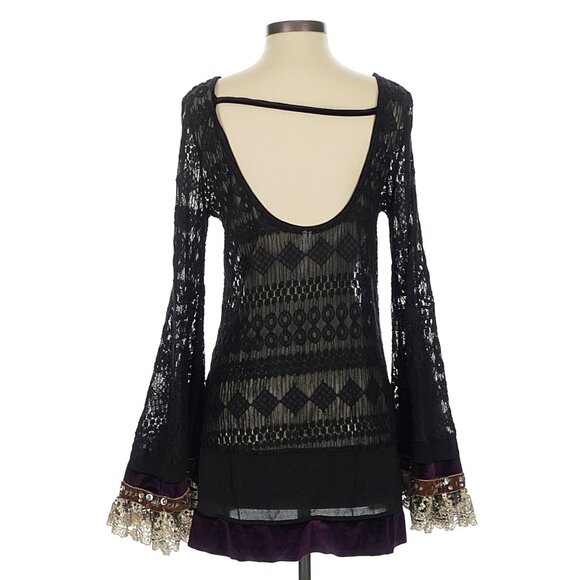 RARE Free People Black Lace Velvet Silk Bell Sleeve Whimsigoth Mini Dress Tunic - Picture 10 of 16